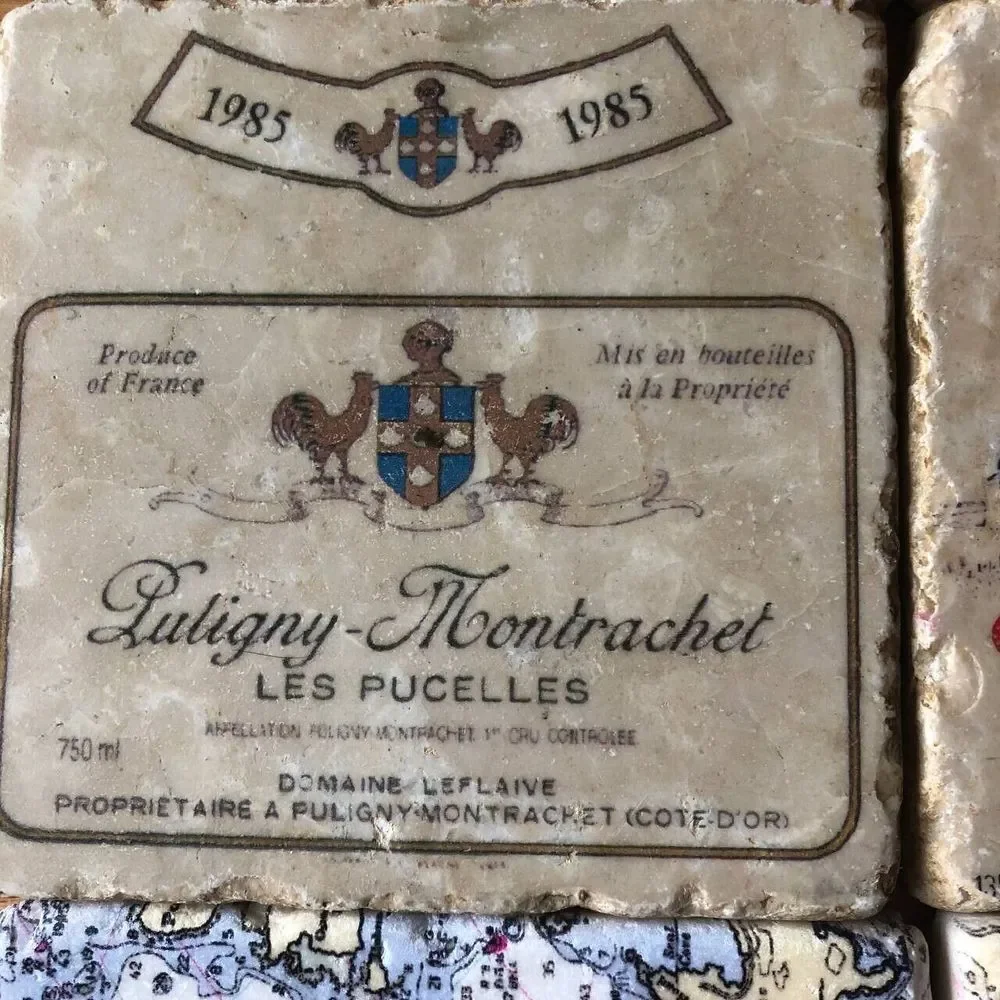 Set of 7 Square Natural Stone Marble Coasters French Wine Labels Maps 4